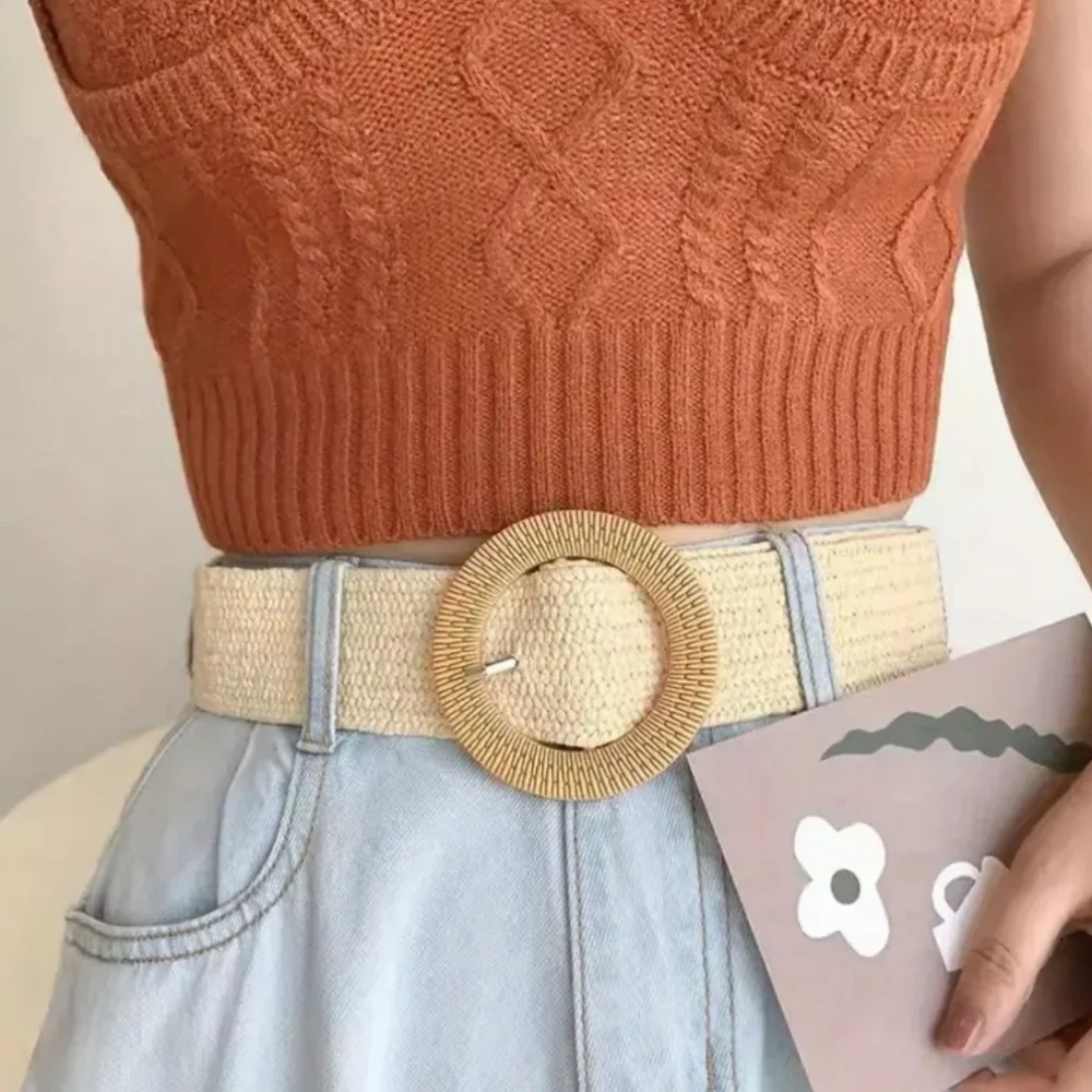 2 Pcs Buckle Braided Straw Belts